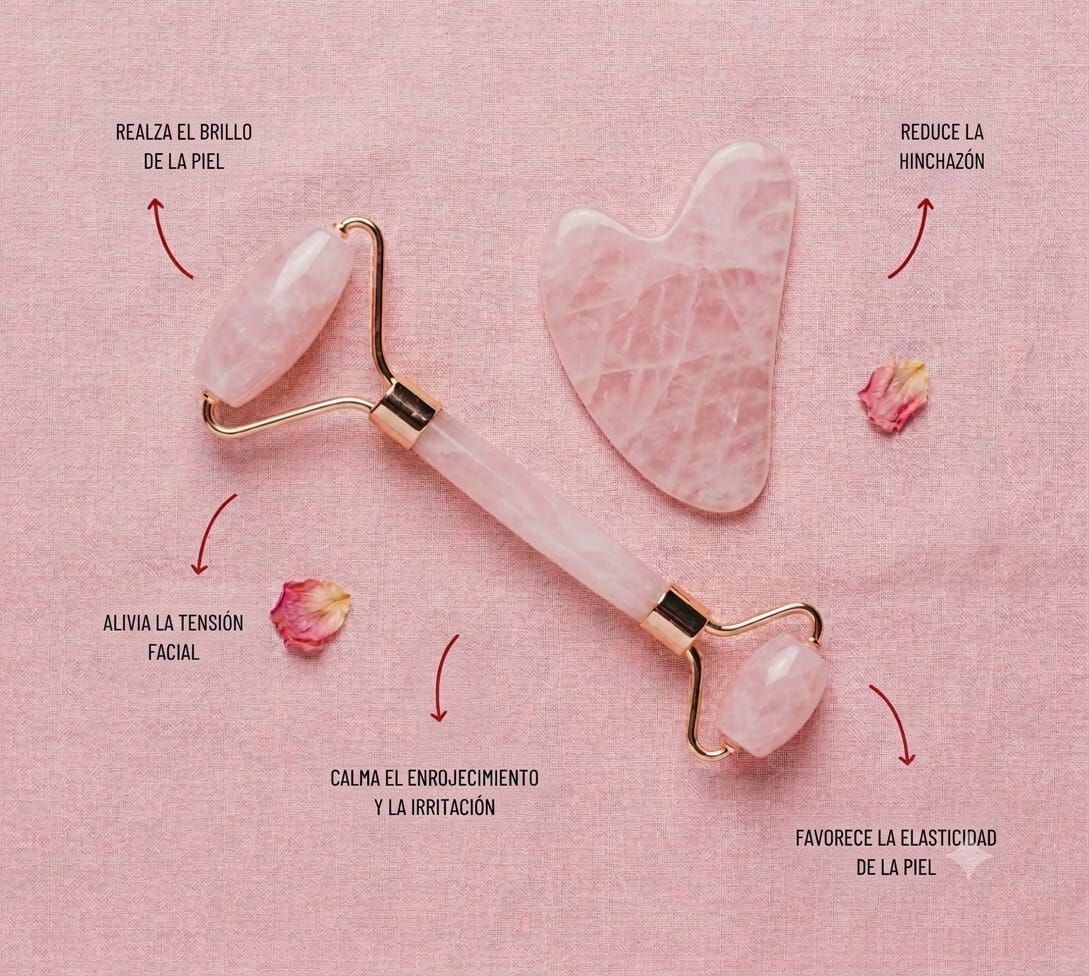 Set de rodillo y piedra gua sha de cuarzo rosa con infografía de beneficios para el rostro