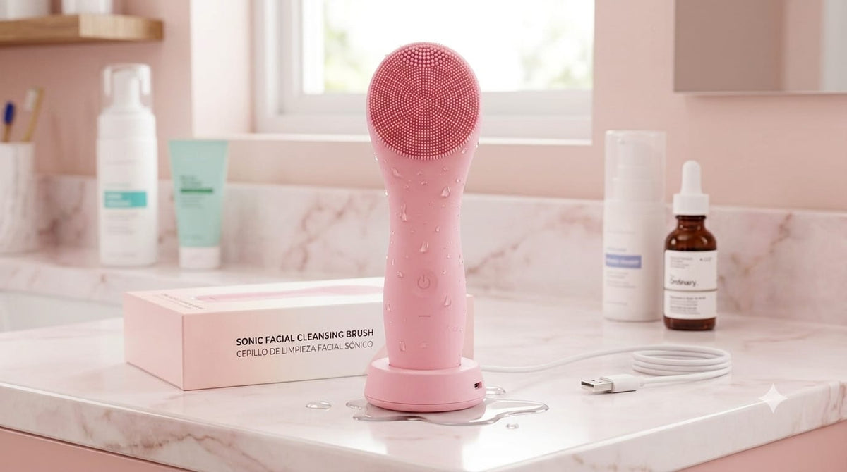Cepillo facial sónico rosa mojado sobre lavamanos de mármol junto a productos de skincare