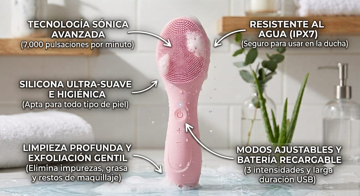 Cepillo facial sónico rosa con espuma de limpieza, infografía de características técnicas