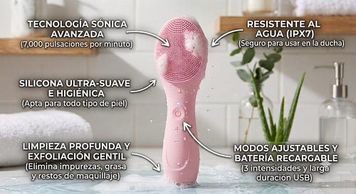 Cepillo facial sónico rosa con espuma de limpieza, infografía de características técnicas