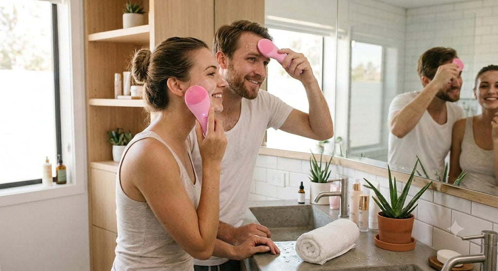 Pareja sonriente usando el cepillo facial sónico rosa frente al espejo del baño