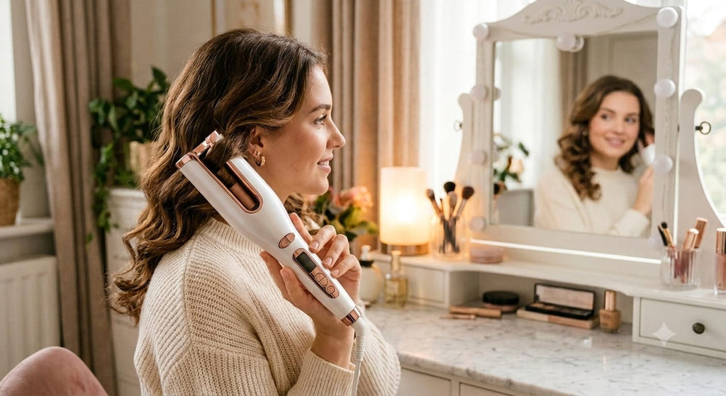 Mujer usando el rizador automático de cabello frente al espejo de su tocador, mostrando ondas definidas