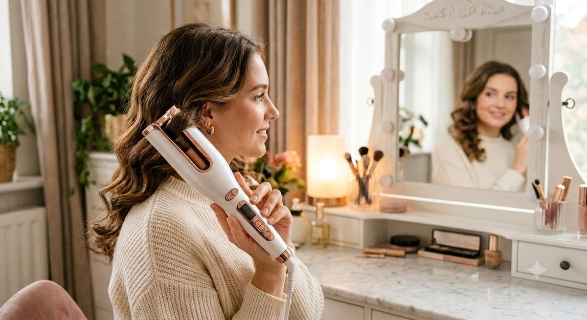 Mujer usando el rizador automático de cabello frente al espejo de su tocador, mostrando ondas definidas