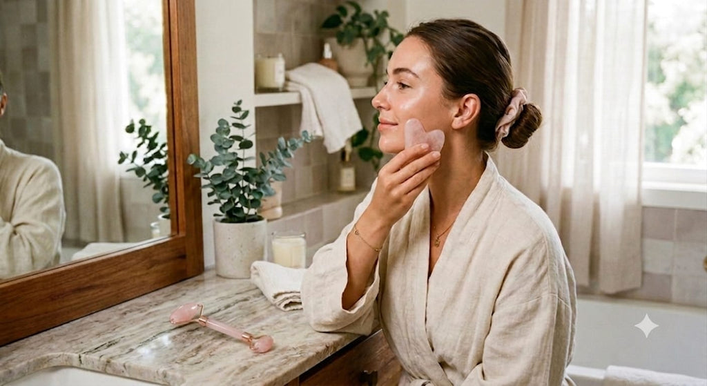 Mujer usando la piedra gua sha de cuarzo rosa en el rostro frente al espejo del baño