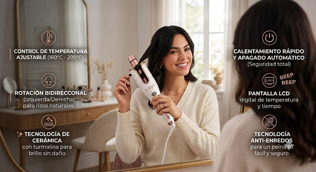 Mujer sonriente usando el rizador automático, con iconos de sus características: temperatura ajustable, rotación bidireccional y tecnología anti-enredos
