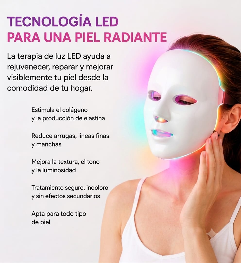 Mujer usando mascarilla facial LED multicolor, con texto sobre los beneficios de la terapia de luz para la piel