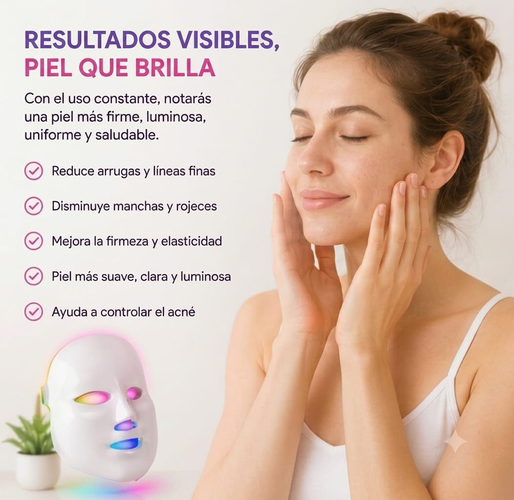Mujer con piel radiante tocando su rostro junto a la mascarilla LED, con lista de beneficios del tratamiento