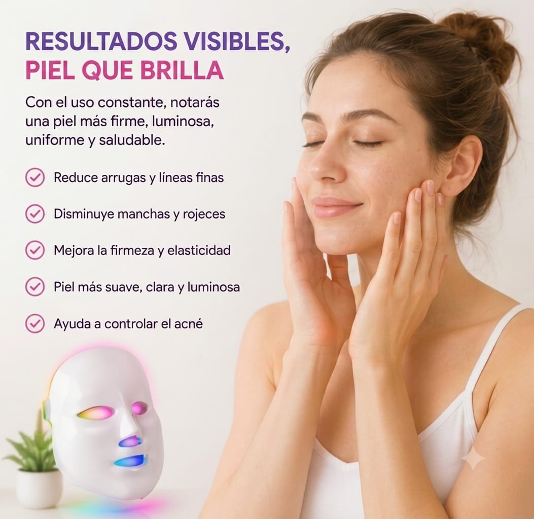 Mujer con piel radiante tocando su rostro junto a la mascarilla LED, con lista de beneficios del tratamiento