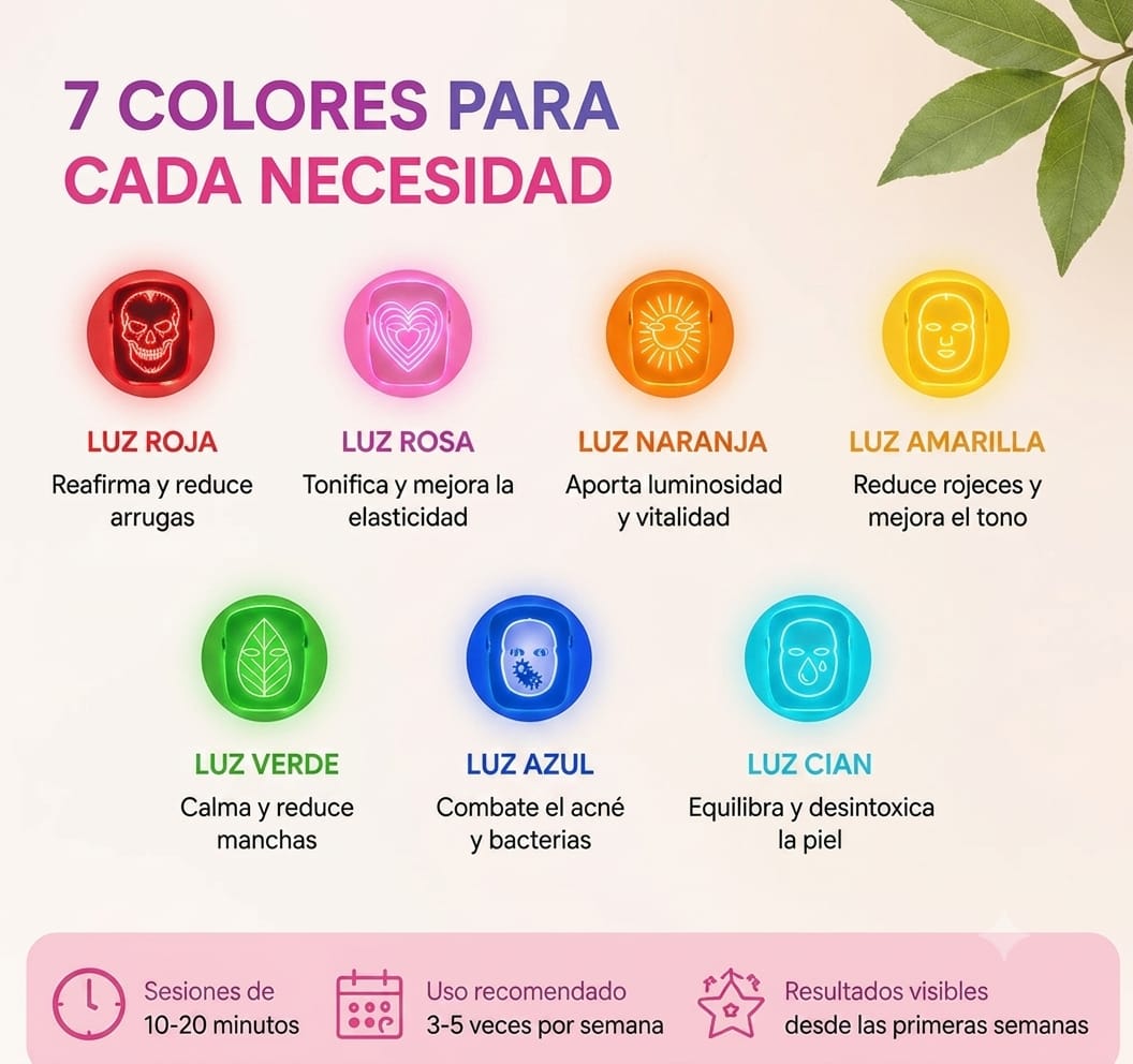 Infografía de los 7 colores de la mascarilla LED y sus beneficios, con recomendaciones de uso