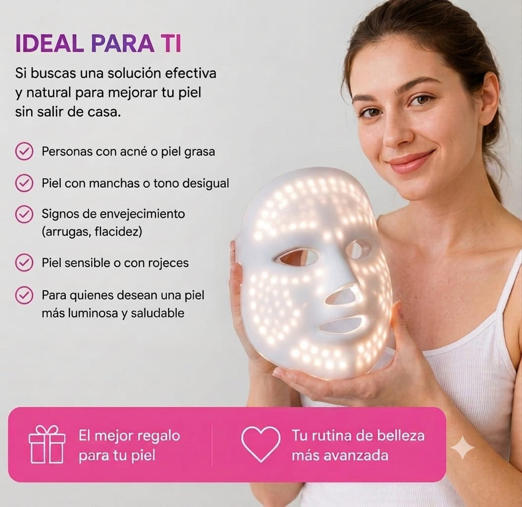 Mujer sonriente sosteniendo la mascarilla LED encendida, con lista de tipos de piel recomendados