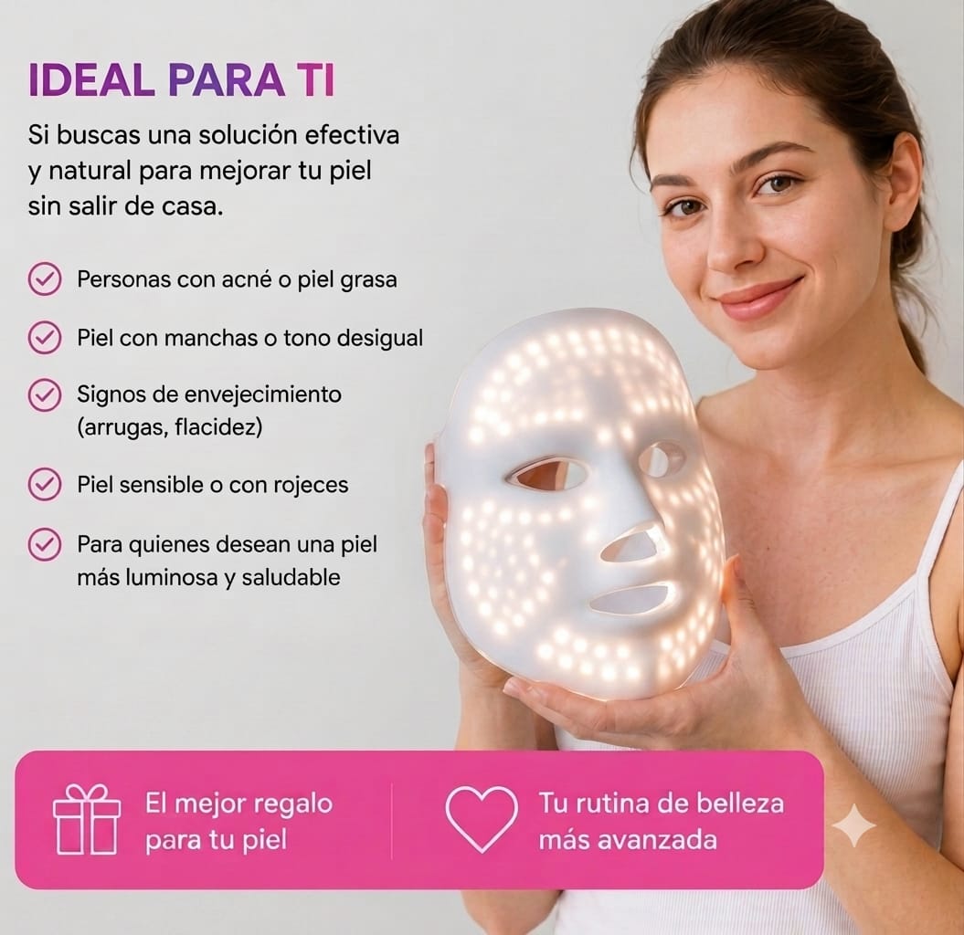 Mujer sonriente sosteniendo la mascarilla LED encendida, con lista de tipos de piel recomendados