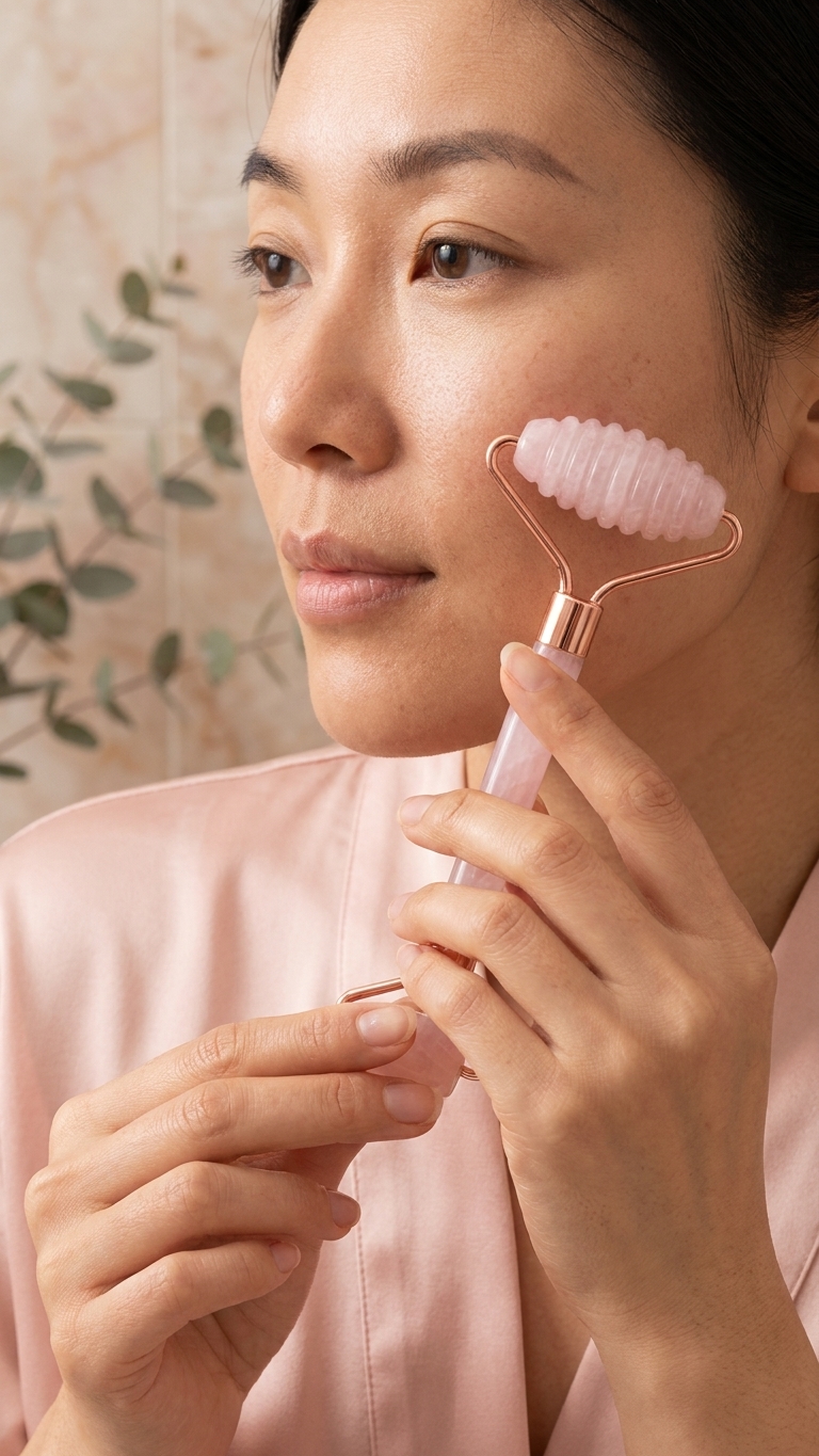 Rodillo de Cuarzo Rosa + Piedra Gua Sha — Ritual Antiedad en Casa