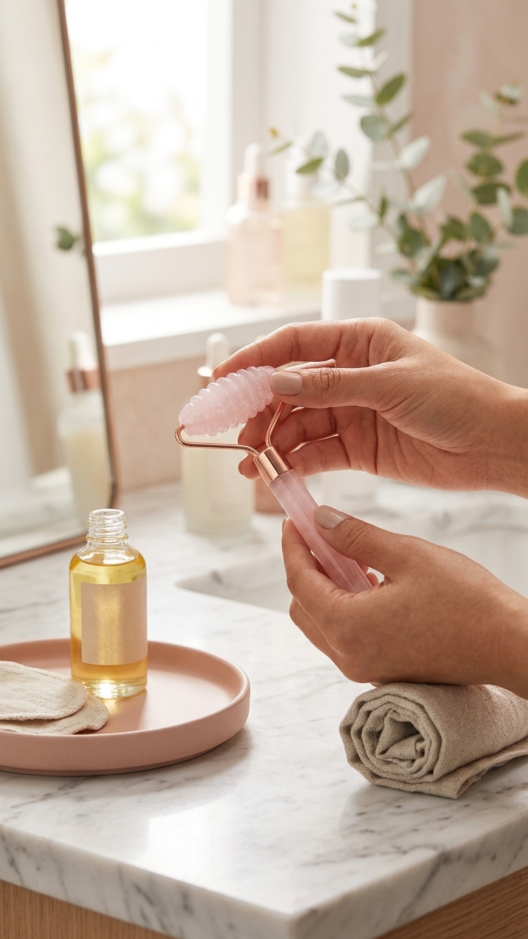 Rodillo de Cuarzo Rosa + Piedra Gua Sha — Ritual Antiedad en Casa